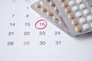 Birth control pills, calendar and notepad on table photo