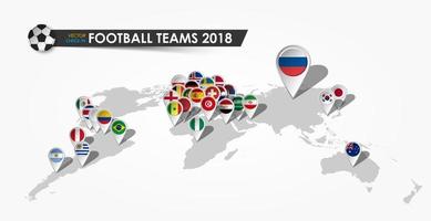 Perspective world map and GPS navigator pin with flag of national football team in gray gradient background . vector