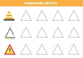 Trace contours of triangle. Writing practice. vector