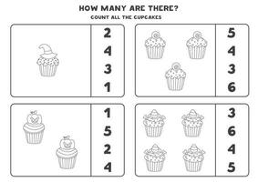 Counting game with Halloween cupcakes. Math worksheet. vector