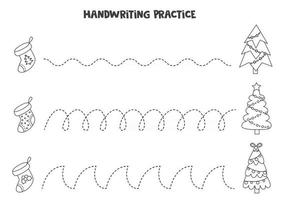 Tracing lines with black and white Christmas socks and trees. Writing practice. vector