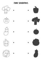 Find the correct shadows of black and white cute vegetables. Logical puzzle for kids. vector