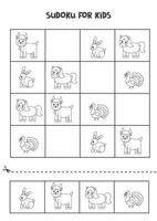 juego de sudoku para niños con lindos animales de granja en blanco y negro. vector