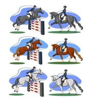 mujer de equitación montando caballo de doma en estilo de dibujos animados