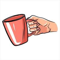 taza con té en la mano. una taza de té aromático para el desayuno. un restaurante. estilo de dibujos animados. vector