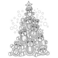 oso de peluche árbol de navidad dibujado a mano para libro de colorear para adultos vector