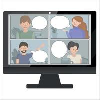 Video conference landing. People on computer screen taking with colleague. Videoconferencing and online meeting workspace vector page. concept e-learning and stay home.