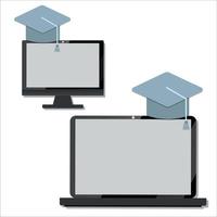 Flat Design Line of e-learning banner, online education. Modern vector illustration for web design, marketing, advertising,  printed materials. Concept online education on computer, notebook.