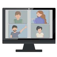 Video conference landing. People on computer screen taking with colleague. Videoconferencing and online meeting workspace vector page. concept e-learning and stay home.