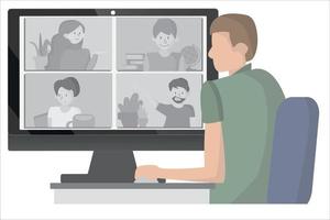 aterrizaje de videoconferencia. personas en la pantalla de la computadora con su colega. videoconferencia y página de vector de espacio de trabajo para reuniones en línea. concepto de e-learning y quedarse en casa.