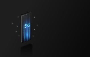 5G High speed internet network communication, mobile smartphone with 5G icons flow on virtual screen, worldwide connection. vector