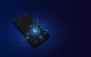 Realistic smartphone mock up and fingerprint scanning on screen, security cyber technology concept. vector