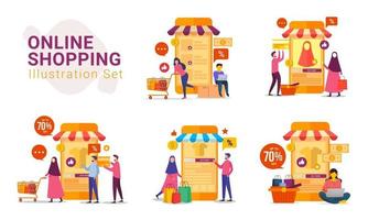 Online shopping with mobile device vector illustration set