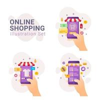 Online shopping with mobile device vector illustration set