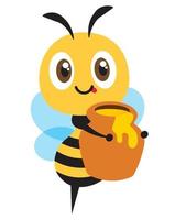 Flat design cartoon cute bee holds a big honey pot. Fresh organic honey vector