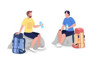 Resting hikers semi flat color vector character set