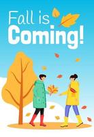 Fall is coming poster flat color vector template. People in raincoats. Brochure, cover, booklet one page concept design with cartoon characters. Autumn nature. Advertising flyer, banner, newsletter