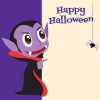 Happy Halloween. Cartoon cute vampire pointing to Halloween signboard vector