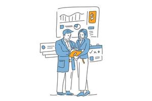 hombre y mujer leen informe ilustración de negocios dibujar a mano vector