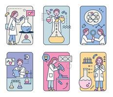 Cute scientist characters are doing various experiments with their own experimental equipment. flat design style minimal vector illustration.