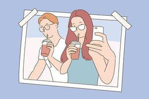 una pareja se está tomando una selfie mientras toma una copa. concepto de fotografía. vector