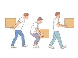 Men are carrying boxes with various movements. vector