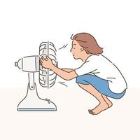 A girl in the hot summer is holding a fan. vector