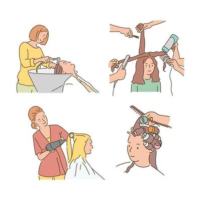 People doing various hairstyles in beauty salon.