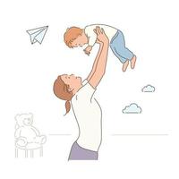 mamá, bebé, feliz, levantar, una madre sostiene a su bebé en alto con ambas manos. vector