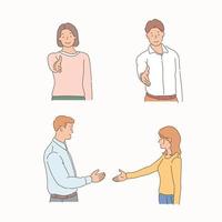 Front and side views of people reaching out to shake hands. vector