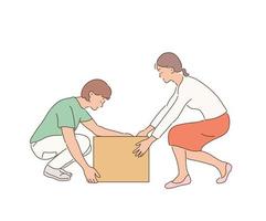 Two women are trying to lift a box together. vector