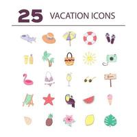 Summer holiday icons set isolated on white background. Collection of vector design elements for summer vacation in cartoon style