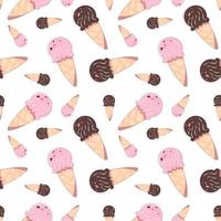 Seamless pattern with ice cream in a waffle cone. Vector illustration in gentle pink and chocolate shades. Endless texture with sweet dessert