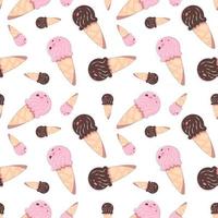 Seamless pattern with ice cream in a waffle cone. Vector illustration in gentle pink and chocolate shades. Endless texture with sweet dessert