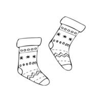 Christmas socks icon isolated on white background. Vector illustration in doodle hand draw style. New year winter garment