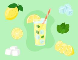 Lemonade in glass isolated. Lemon slices in cut. Ingredients of fresh summer drink. Vector illustration