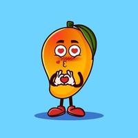 lindo personaje de fruta de mango con gesto de amor. concepto de icono de personaje de fruta aislado. estilo de dibujos animados plana vector premium