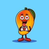 lindo personaje de fruta de mango con gesto de amor. concepto de icono de personaje de fruta aislado. estilo de dibujos animados plana vector premium