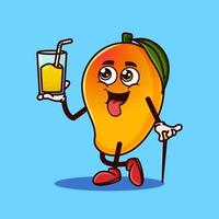 lindo personaje de fruta de mango con jugo de mango en la mano. concepto de icono de personaje de fruta aislado. estilo de dibujos animados plana vector premium