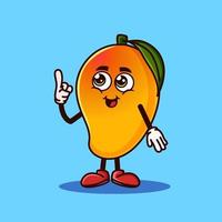 Lindo personaje de fruta de mango con cara feliz y gesto apuntando hacia arriba. concepto de icono de personaje de fruta aislado. pegatina emoji. vector de estilo de dibujos animados plana