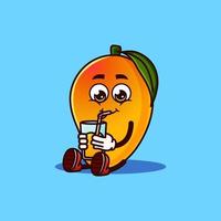 Cute Mango fruit character sitting with Mango juice. Fruit character icon concept isolated. Emoji Sticker. flat cartoon style Vector