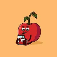 Cute Cherry fruit character sitting with Cherry juice. Fruit character icon concept isolated. Emoji Sticker. flat cartoon style Vector