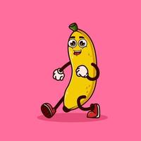 lindo personaje de fruta de plátano caminando con cara feliz. concepto de icono de personaje de fruta aislado. estilo de dibujos animados plana vector premium