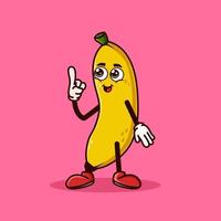 Lindo personaje de fruta de plátano con cara feliz y gesto apuntando hacia arriba. concepto de icono de personaje de fruta aislado. pegatina emoji. vector de estilo de dibujos animados plana