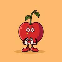 lindo personaje de fruta de cereza con gesto de amor. concepto de icono de personaje de fruta aislado. estilo de dibujos animados plana vector premium