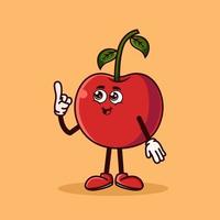 lindo personaje de fruta de cereza con cara feliz y gesto apuntando hacia arriba. concepto de icono de personaje de fruta aislado. pegatina emoji. vector de estilo de dibujos animados plana