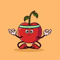 Linda meditación de personaje de cereza. concepto de icono de personaje de fruta aislado. pegatina emoji. vector de estilo de dibujos animados plana