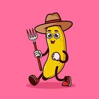 Lindo personaje de granjero de fruta de plátano con horquilla. concepto de icono de personaje de fruta aislado. estilo de dibujos animados plana vector premium