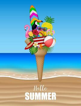 Hello summer poster with beach elements in ice cream shape on beach background vector
