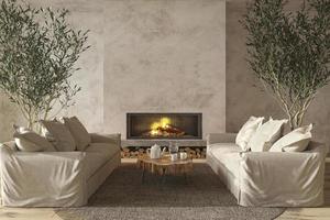Scandinavian farmhouse style living room interior with natural wooden furniture and fireplace 3d render illustration